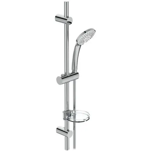 Brausekombination von Ideal Standard mit Handbrause, Halterung und Ablage. Die Oberfläche ist in Chrom. Das Produkt zeigt eine praktische und funktionale Gestaltung.